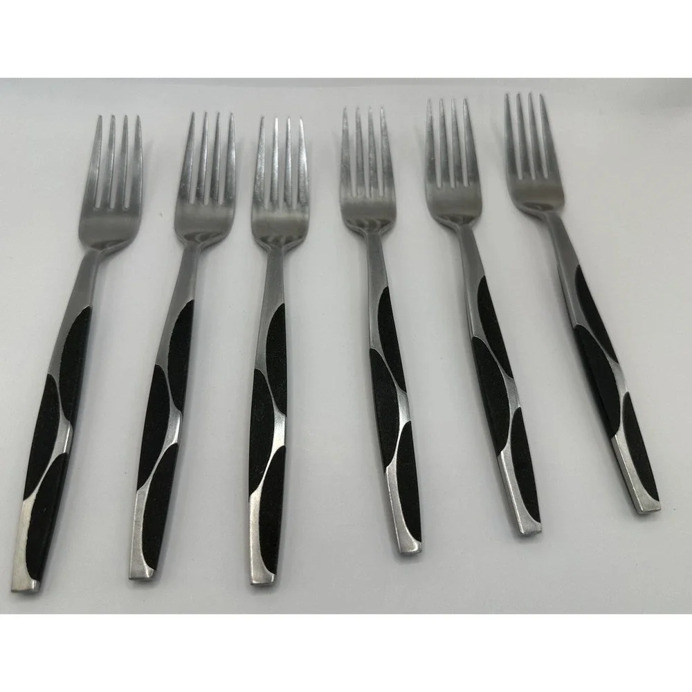 Service for 6 Vintage Japan Black Half Circle Flatware Forks Knives Tablespoons